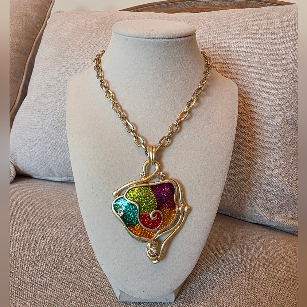 Gold Tone Multicolor Enamel Pendant Necklace Statement Chain